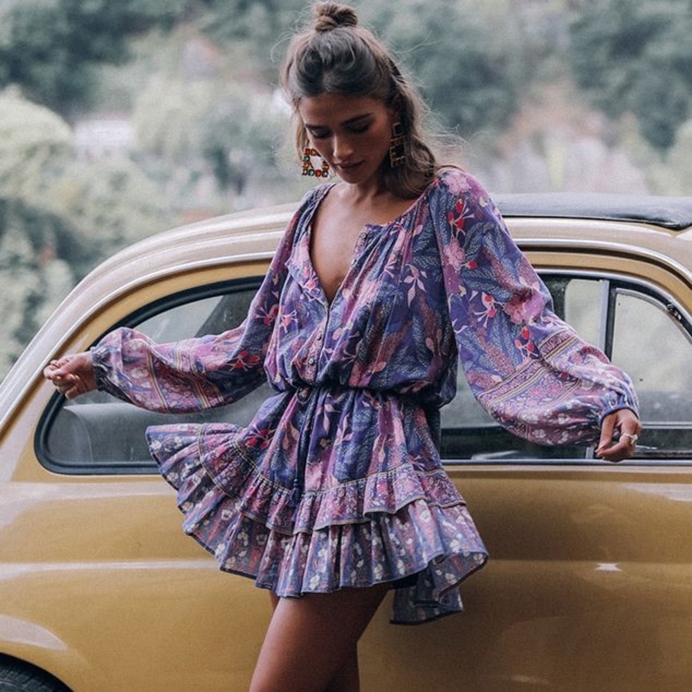 Spell Purple Floral Tiered Mini Dress